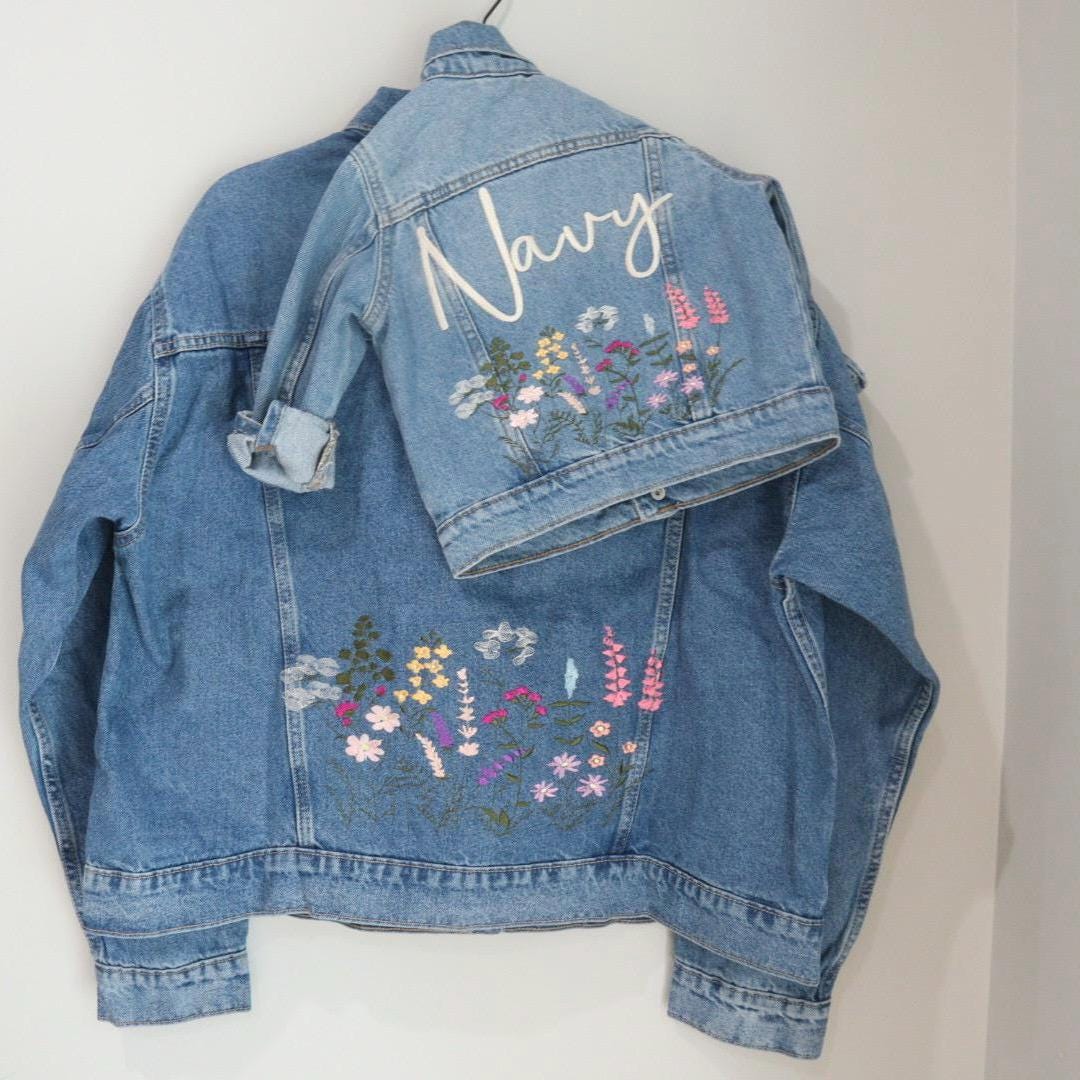 Embroidered Jean Jacket, Matching, Twinning, Embroidered Wildflower Jacket, Embroidered Denim Jacket, Custom Embroidered Denim Jacket